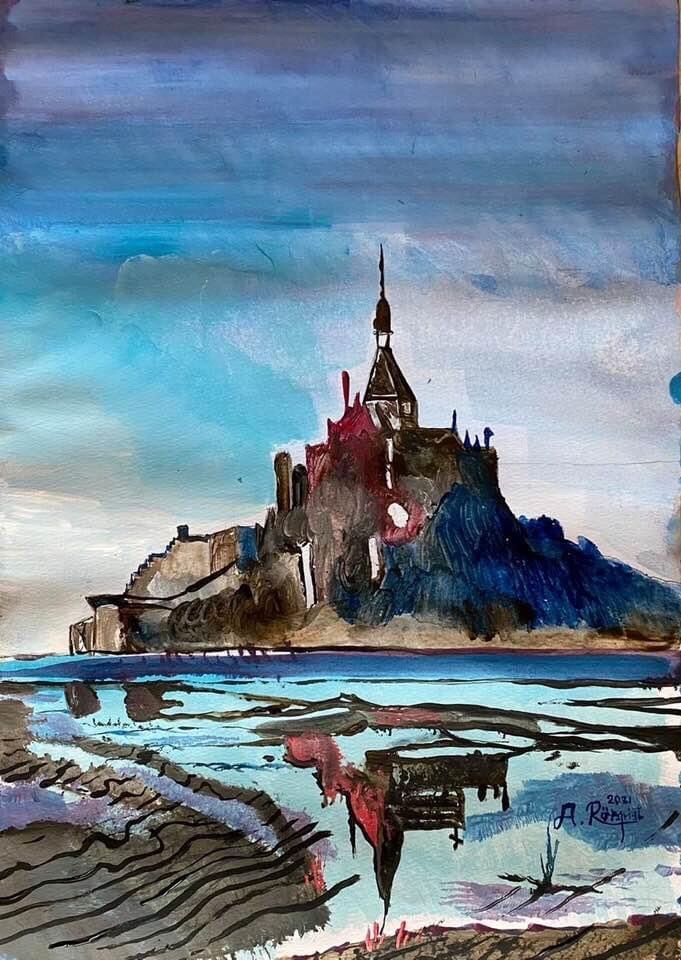 Konst Konstnär Andreas Douglas Rörqvist Art Kloster Normandie Frankrike Kloster Målning Watercolor Akrylmålning Landskap Oceanscape Normandie Frankrike Kända Byggnader 