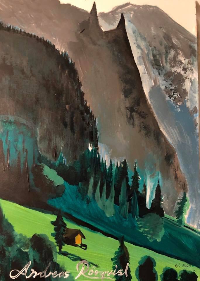 Konstnär Andreas Rörqvist Landskap Alperna Painting Watercolor Mountains Österrike Alperna Skidåkning Berg Naturmotiv Konstverk Alpint 