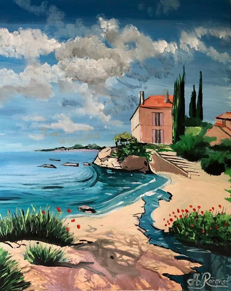 Beach House Italien Riviera Landskapsmotiv Konstnär Andreas Douglas Rörqvist Konstverk Landskapsmotiv Konst 