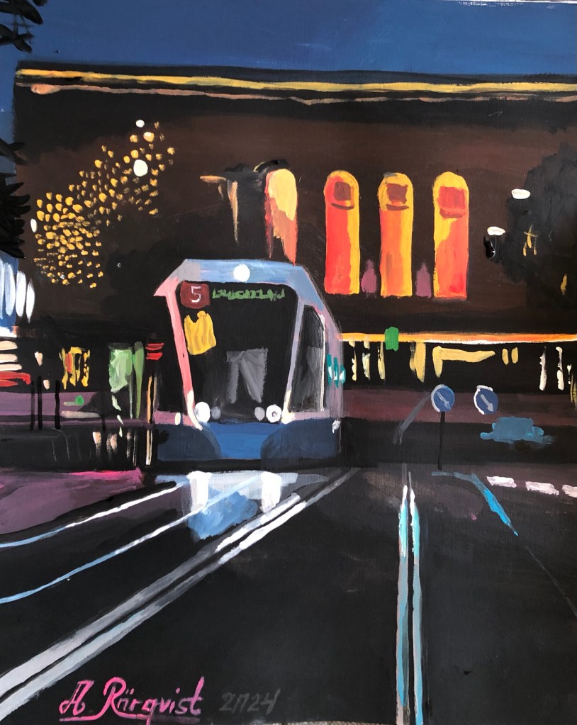 Konstnär Andreas Rörqvist Spårvagn Göteborgsmotiv Avenyn Städer GBG Göteborg Gothenburg Spårvagnar Streetart Cityscape Art Paintings Sweden Konst Svenska Konstnärer 