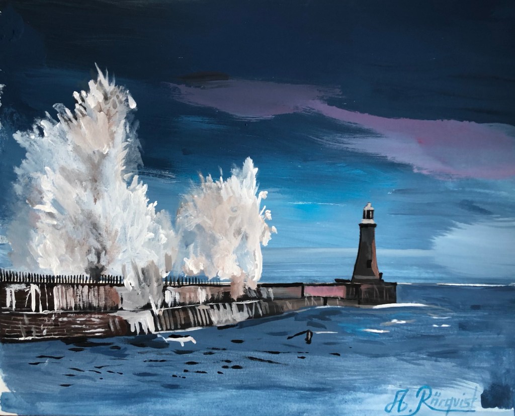 Tynemouth Pier, England Newcastle upon Tyne Storbritannien Konstnär Andreas Douglas Rörqvist Konst Landskap Akvarell UK Akvarellmålning Watercolor Art North Tyneside