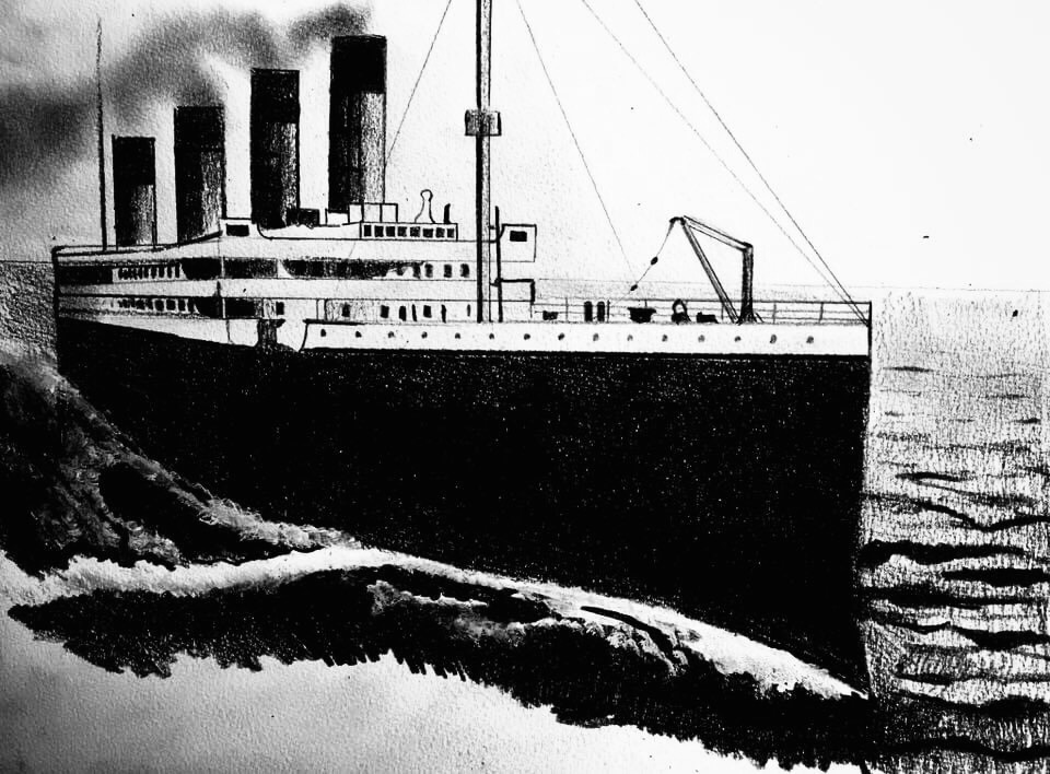 RMS Titanic 2016 Konst Andreas Rörqvist Skiss Rita Teckning Black and White Fartyg Svenska Konstnärer 