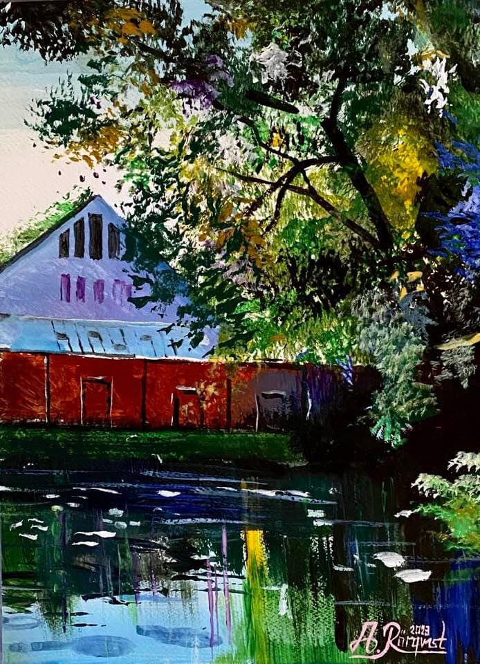 Konstnär Andreas Rörqvist Hus Näset Landskap Akrylfärg Målning Konst Vatten Speglingar Naturmotiv Landskapsmålning Inspiration 