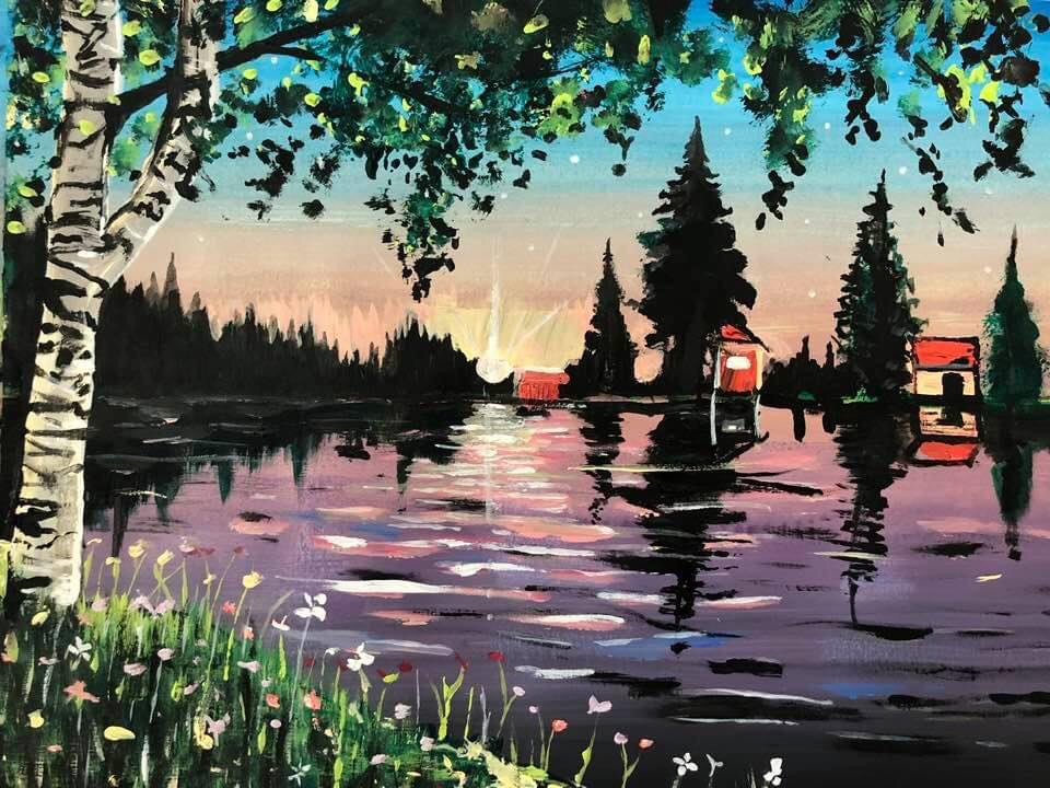 Västra Ingsjön Hellesåker Konstnär Andreas Douglas Rörqvist Landskap Sjö Spegling Skymning Solnedgång Vackra naturmotiv Härryda Insjöar Björk Träd Akrylmålning 