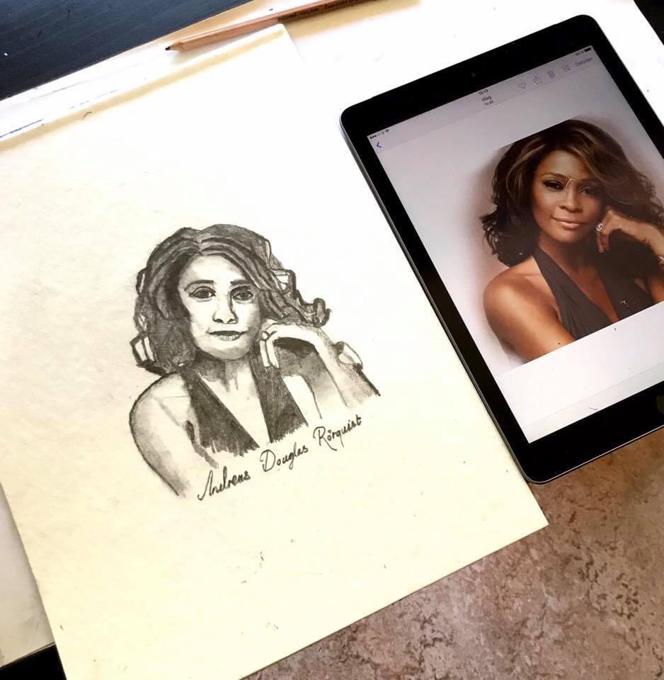Sångare Whitney Houston Porträtt Konstnär Andreas Douglas Rörqvist Porträtter Blyerts Konst