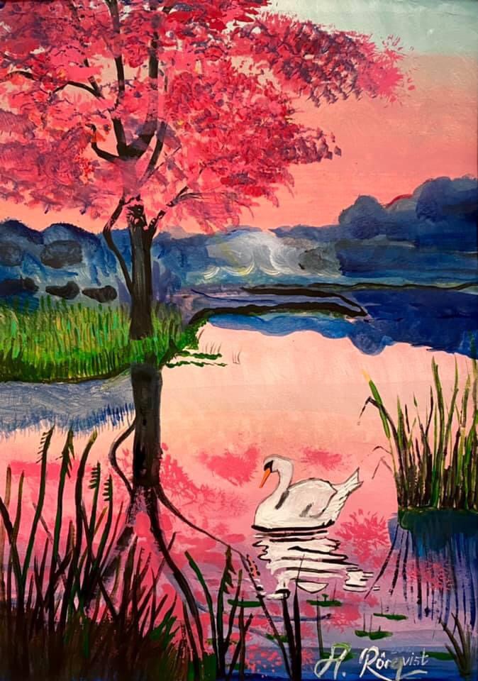 Konstnär Andreas Rörqvist Ditch Sunset Watercolor Svan Landskapsmotiv Målning Akrylmålning Konst Solnedgång Solnedgång Havsmotiv Konst 