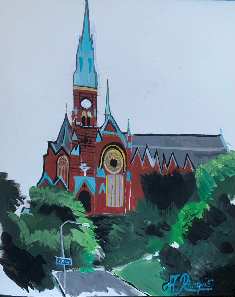 Konstnär Andreas Rörqvist Långgatorna Göteborgsmotiv Göteborg Linnéstaden GBG Konst Akrylmålning Kyrka Långgatorna Göteborg 