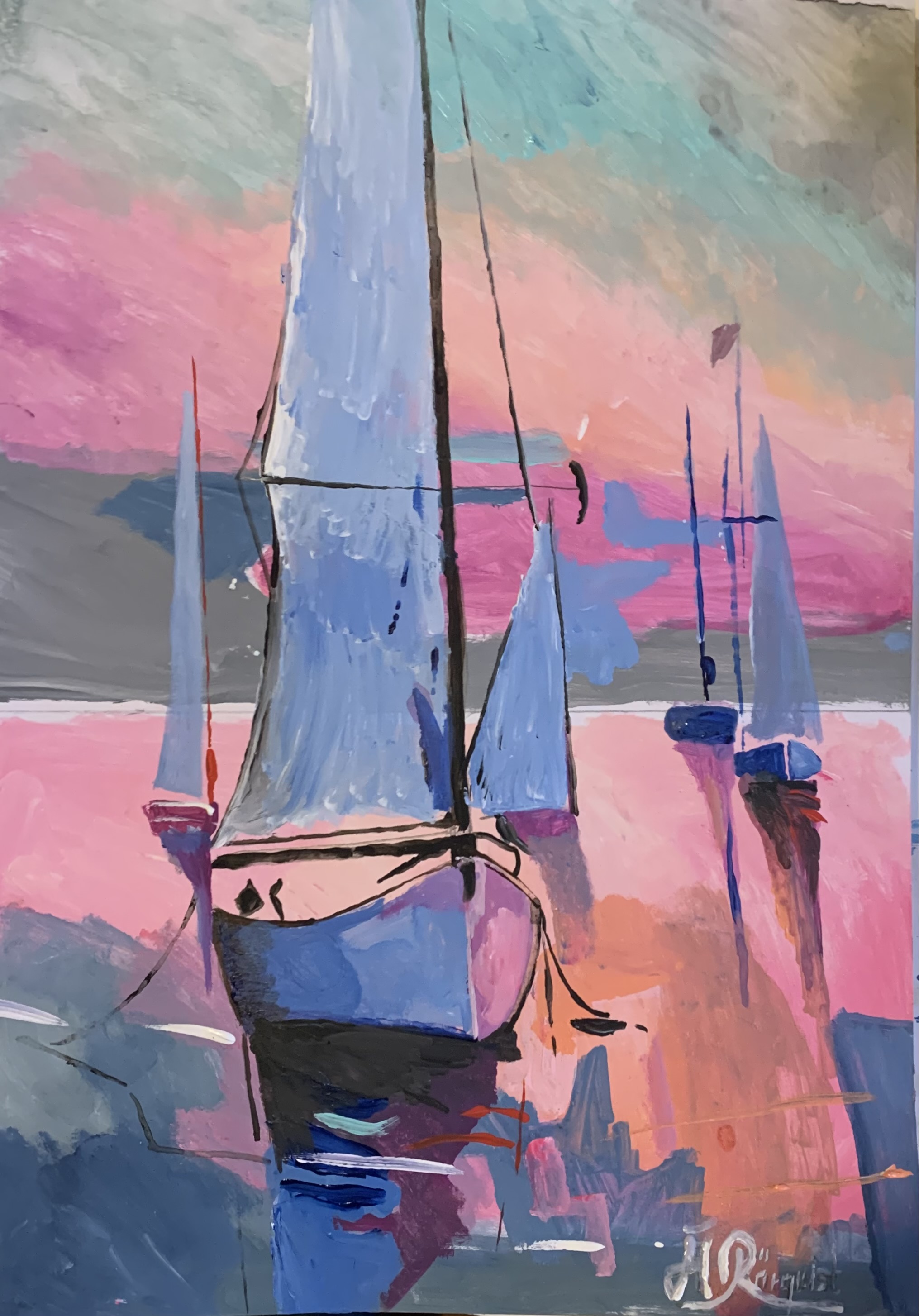 Konstnär Andreas Rörqvist Segelbåtar Bohuslän Segelbåt Rosa Solnedgång Västkusten