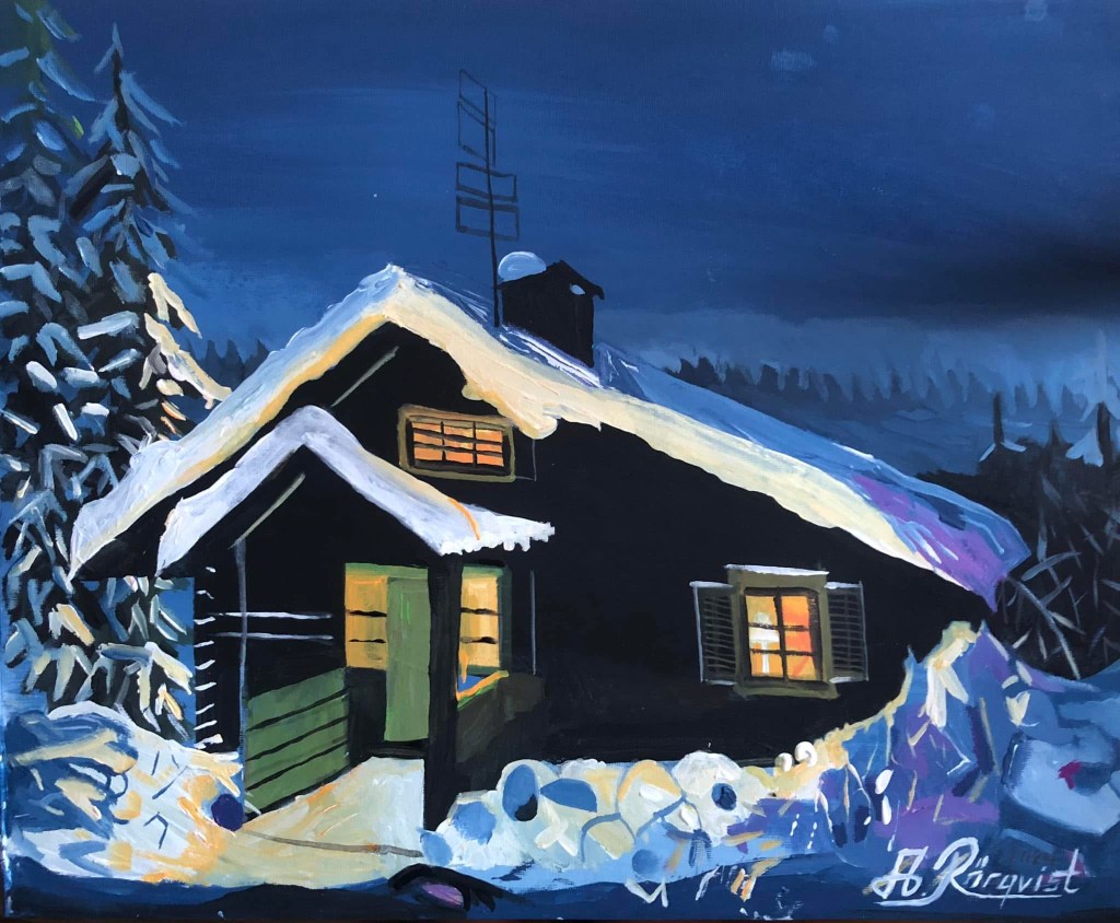 Akrylfärg A3 Sälen Dalarna Vintermotiv Snölandskap Konst Konstnär Andreas Douglas Rörqvist Landskap Snömotiv Vinterlandskap Lindvallen Snögubben