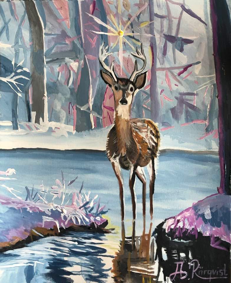 Rådjur Konst Landskap Andreas Douglas Rörqvist Konstnär Akvarellmålning Landskap Vinterlandskap Snölandskap 