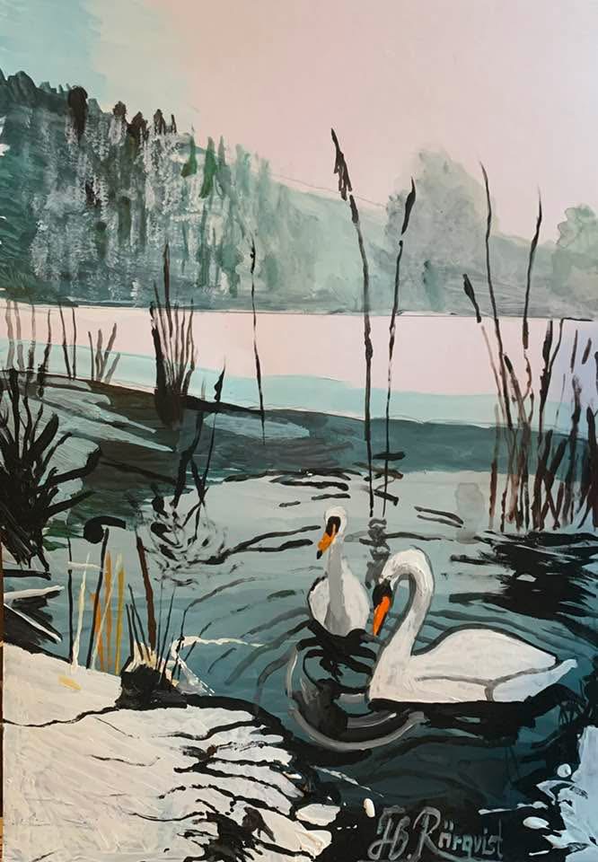 Konstnär Landskap Andreas Douglas Rörqvist Landskapsmotiv Svanar Sjö Vintermotiv Snölandskap Konst Djur Akrylmålning 