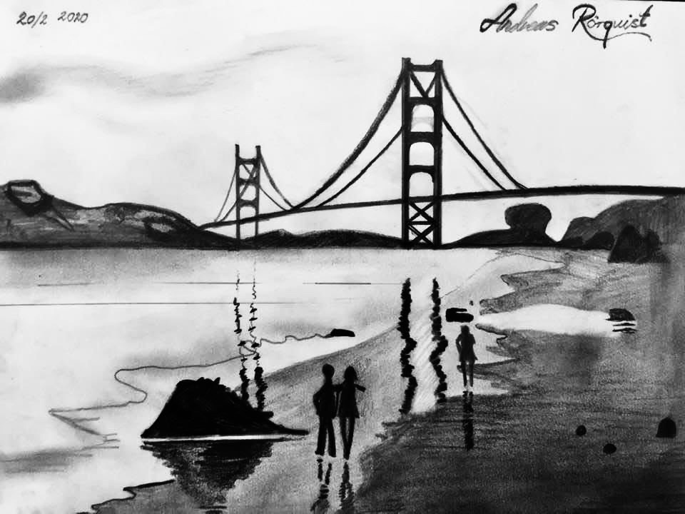 San Francisco Kalifornien Broar Storstäder Kända Byggnader Andreas Rörqvist Skiss Teckning Blyerts Skiss Konst